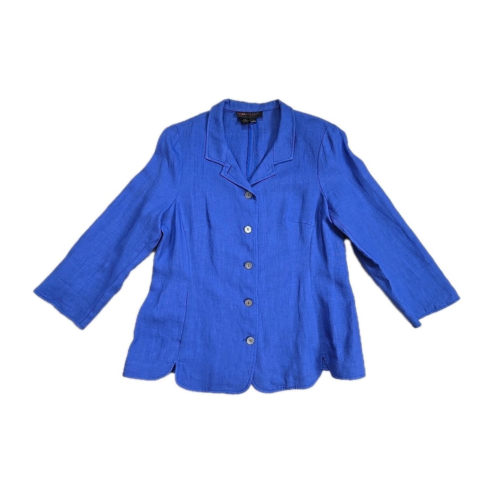 Nina Mclemore Blue Linen Long Sleeve Button Up Shirt Pockets Sz 10 Office Vtg